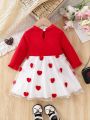 SHEIN Baby Girls' Casual Lovely Heart Applique Mesh Hem Dress For Spring And Autumn Outings