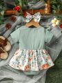 Baby Girl Floral Print Round Neck Bodysuit With Ruffle Trim And Bow Decoration