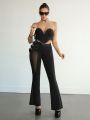 SHEIN ICON Mesh Paneling Belted Flared Pants