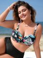 SHEIN Swim Lushore Summer Beach Women's Plus Size Floral Print Ruffled Swimsuit Top