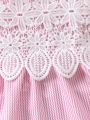 Baby Girls' Pink Wave Pattern Patchwork Lace Dress, Cute, Daily Casual, Elegant And Romantic, Spring/Summer