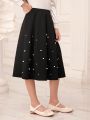 SHEIN Tween Girl Pearls Detail Plicated Skirt