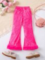 SHEIN Kids FANZEY Girls' Fashionable Pink Long Pants With Digital Print And Patchwork Design, Trendy All Seasons