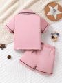 Baby Girl Colorblock Rolled Edge Short Sleeve Shirt And Satin Shors Set With Pockets