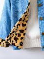 Young Girl 1pc Leopard Borg Collar Flap Detail Coat