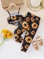 SHEIN Kids SUNSHNE Little Girls' Vacation Style Black Sunflower Digital Print Camisole Top And Long Pants Two Piece Set For Summer
