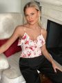 SHEIN Frenchy Valentine'S Day V-Neck Spaghetti Strap Camisole With Floral Print Ruffled Hem