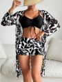 SHEIN Swim Vcay Women's Black & White Leaf Pattern Swimwear Set