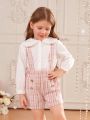 SHEIN Young Girl Peter Pan Collar Blouse & Plaid Print Suspender Shorts