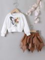 Toddler Girls Butterfly & Floral Print Sweatshirt & Bow Front Asymmetrical Skirt