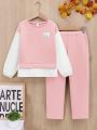 SHEIN Kids EVRYDAY Tween Girl's Knitted Contrasting Color Round-Neck Loose Top And Loose Trousers Casual Two-Piece Set