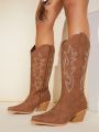 Embroidery Detail Chunky Heeled Western Boots