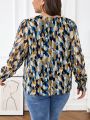 SHEIN Frenchy Plus Size Leaf Print Lantern Sleeve Top