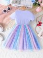 Little Girl'S Unicorn Print Patchwork Gradient Sequin Mesh Dress