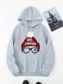 Men Glasses & Letter Graphic Kangaroo Pocket Drawstring Thermal Lined Hoodie