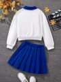 SHEIN Girls' Knit Solid Color Long Sleeve Sweatshirt With Faux Collar And A-line Skirt, Casual 2pcs/set