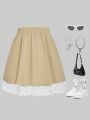 Tween Girls' Woven Pleated Lace Half Skirt For Spring And Summer