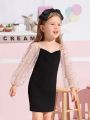 SHEIN Kids CHARMNG Toddler Girls Contrast Star Mesh Lantern Sleeve Dress