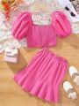 SHEIN Kids CHARMNG Girls' Sweetheart Neck Puff Sleeve Triangular Hollow Out T-Shirt With Pleated Hem Ruffled Skirt Set