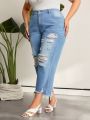 SHEIN LUNE Plus Size High Waist Jeans With Distressed Design