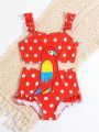 Baby Girl Polka Dot & Bird Print Applique Ruffle One-Piece Swimsuit