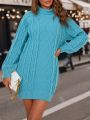 Turtleneck Raglan Sleeve Cable Knit Sweater Dress Without Belt