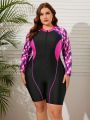 SHEIN Swim SPRTY Women's Plus Size Print Splice Zipper Athletic One-Piece Swimsuit