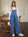 Adjustable Strap Denim Bib Overalls With Slanted Pocket