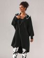 K by AKW Oversized Cardigan In Black With Contrast Exaggerated Houndstooth Hood