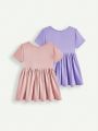 Cozy Cub Baby Girls' Solid Color Round Neck Short Sleeve A-Line Dress With Waistband, 2pcs/Set