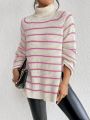 SHEIN Essnce Striped Pattern Turtleneck Raglan Sleeve Split Hem Sweater