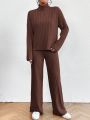 SHEIN Privé Solid Ribbed Knit High-Neck Drop Shoulder Top And Straight-Leg Pants