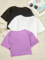 Teen Girls' 3pcs/Set Cropped Square Neck Short Sleeve Slim Fit T-Shirt