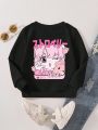 Young Girl Cartoon & Japanese Letter Graphic Sweatshirt