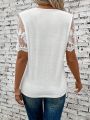 Women's Embroidered Mesh Short Sleeve Button Half Placket T-Shirt