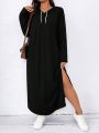 SHEIN LUNE Women's Plus Size Drawstring Hooded High Slit Maxi Dress