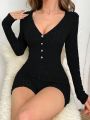 Women's Button Front Long Sleeve Romper With Shorts, Home Wear