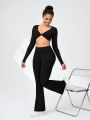 SHEIN Daily&Casual Ladies' Solid Color Cropped Top And High Waist Long Pants Sports Suit