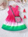 SHEIN Kids QTFun Toddler Girls' Cute Gradient Watermelon Printed Dress With Matching Bag