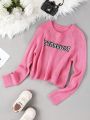 SHEIN Kids CHARMNG Tween Girl Letter Pattern Raglan Sleeve Sweater