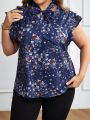 EMERY ROSE Plus Size Floral Print Tie Neck Blouse