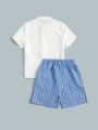 SHEIN Kids Academe Young Boy Mandarin Collar Short Sleeve Shirt And Striped Shorts Casual Outfits