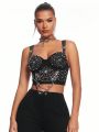 SHEIN BAE Women's Sleeveless Top Decorated With Rhinestone And Pearl Beads