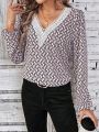 SHEIN LUNE Ladies Patchwork Lace Webbing All Over Printed V-Neck Shirt