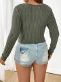 Plus Size Single Color Ribbed Knitted Button Detail T-Shirt