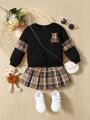 SHEIN Infant Girls' Casual College Style Plaid Dress Set