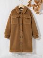 SHEIN Kids Cooltwn Tween Girl Slogan Embroidery Drop Shoulder Teddy Coat