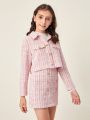 SHEIN Kids Nujoom Girls Gold Button Detail Tweed Jacket & Skirt Set