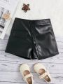 SHEIN Kids FANZEY Girls' Woven Solid Color Pu Leather Elegant Skorts