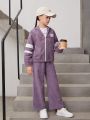 SHEIN Kids EVRYDAY Tween Girl Letter Patched Striped Drop Shoulder Hooded Corduroy Jacket & Pants